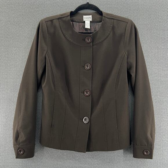 Chico's Chocolate Brown Button Up‎ Collarless Lightweight Blazer Jacket Size 0 - Picture 1 of 11